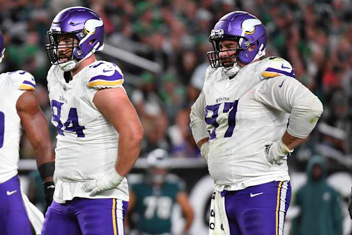 Sep 14, 2023; Philadelphia, Pennsylvania, USA; Minnesota Vikings defensive end Dean Lowry (94) and defensive tackle Harrison Phillips (97) against the Philadelphia Eagles at Lincoln Financial Field.